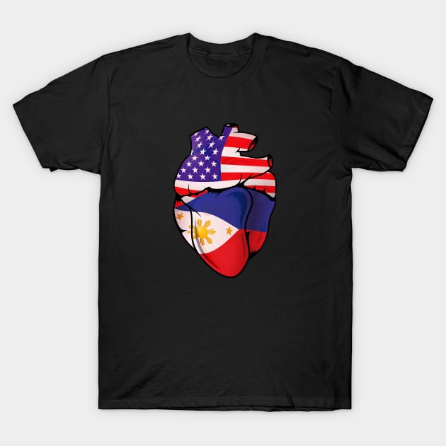 Filipino American Split Anatomical Heart With Flags T-Shirt by Biped Stuff